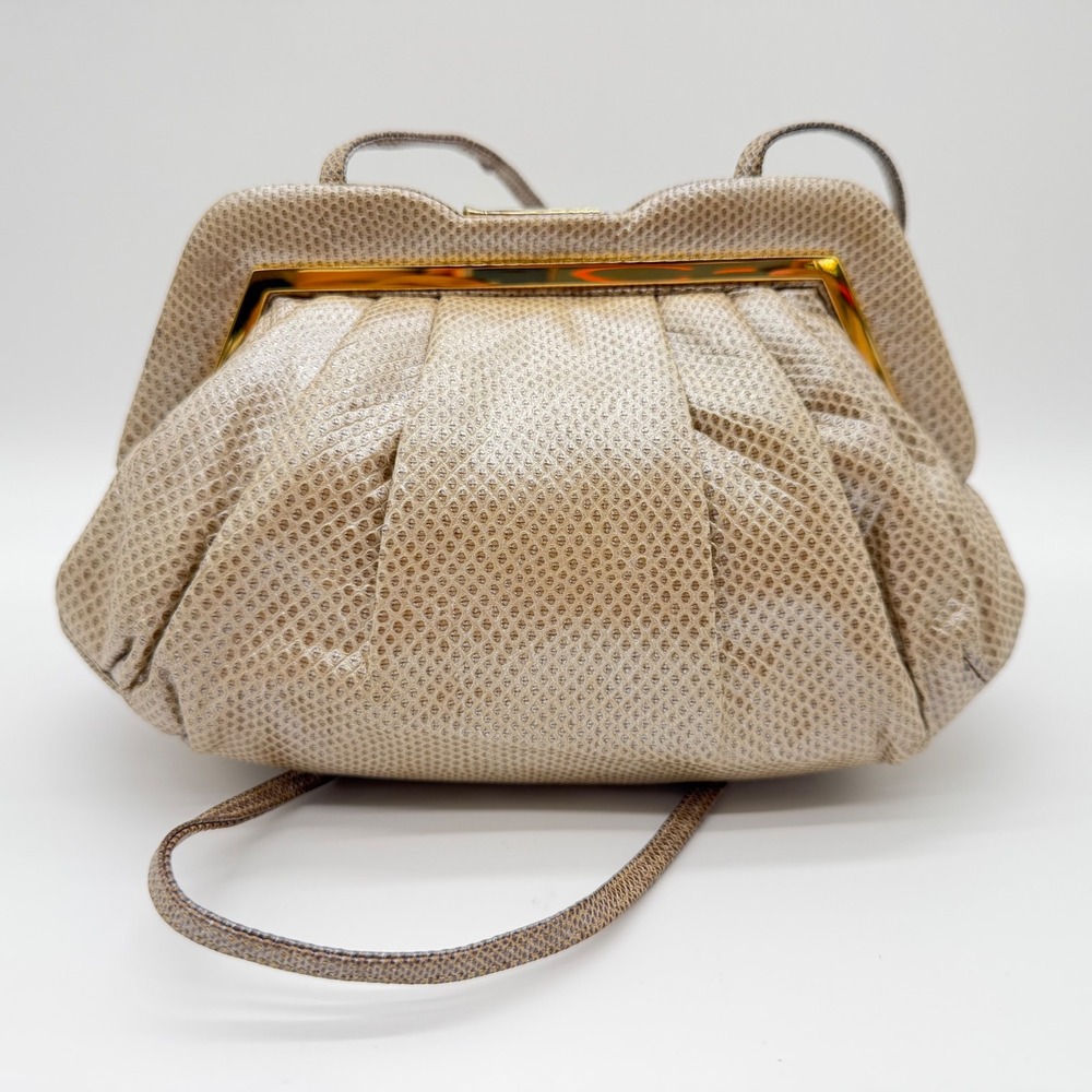 Judith Leiber Taupe Lizard Embossed Leather Frame Evening Bag Gold Hardware
